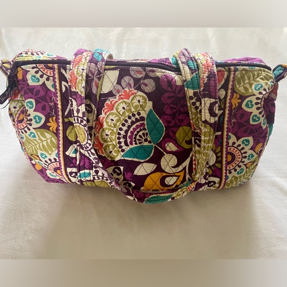 Retired Vera Bradley Plum Crazy Patterned Purple Green Floral Quilted Duffle Bag - Picture 1 of 10